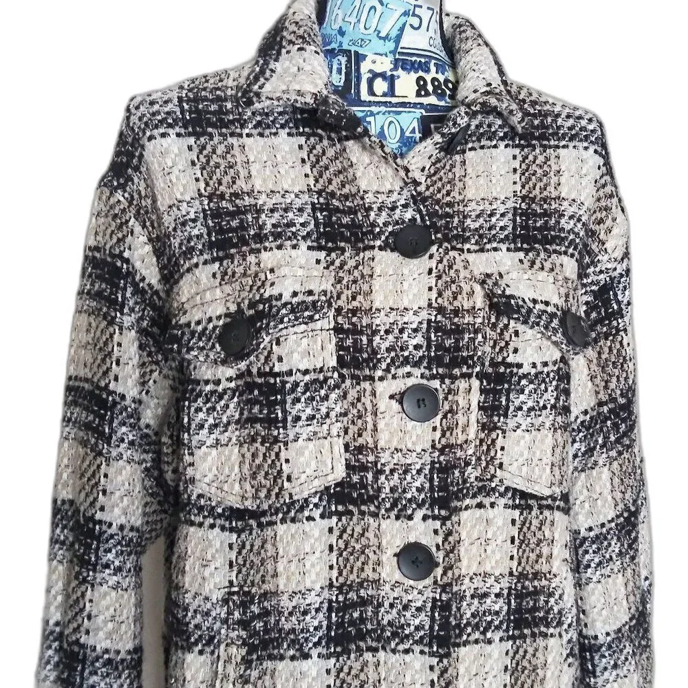 ZARA Tweed Plaid Button Up Shacket M Chunky Overshirt Jacket Oversized Neutral